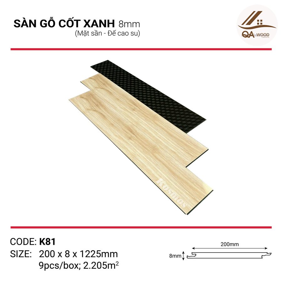 Sàn Gỗ Kosmos Cốt Xanh Đế Cao Su 8mm - K81