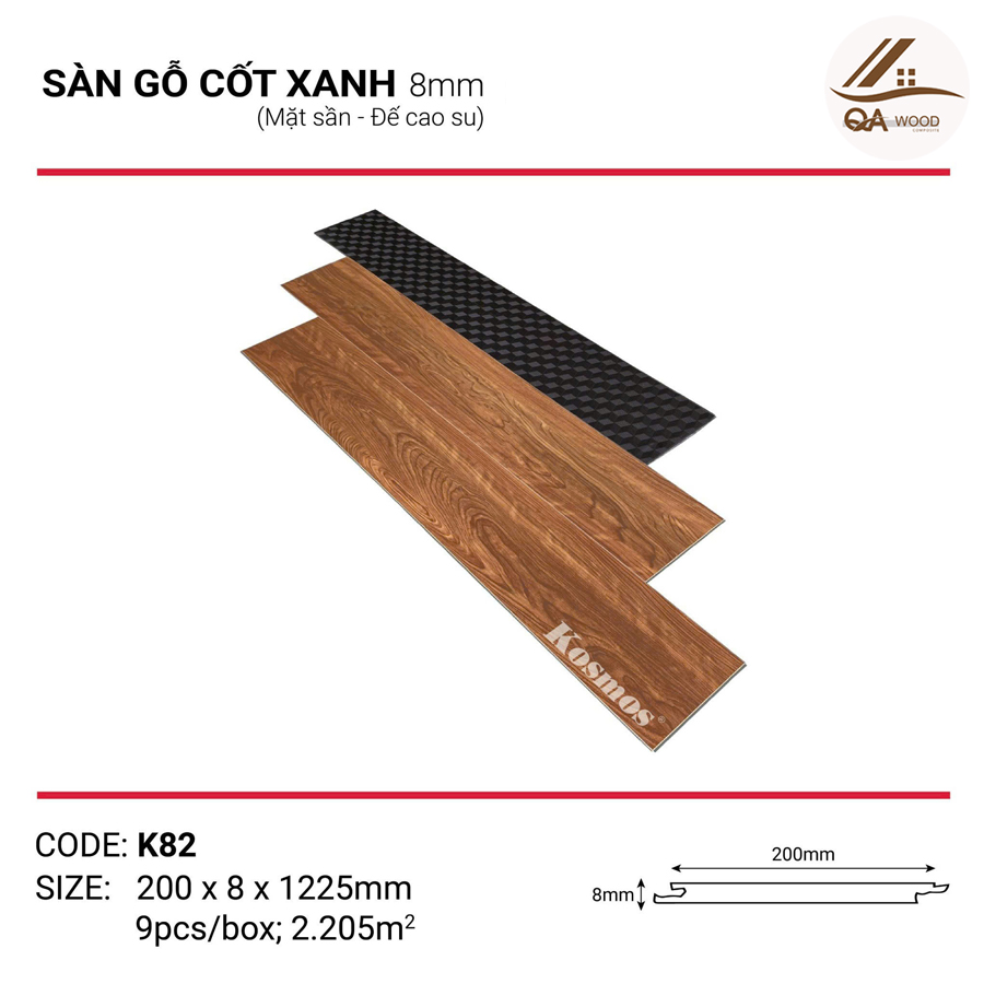 Sàn Gỗ Kosmos Cốt Xanh Đế Cao Su 8mm - K82