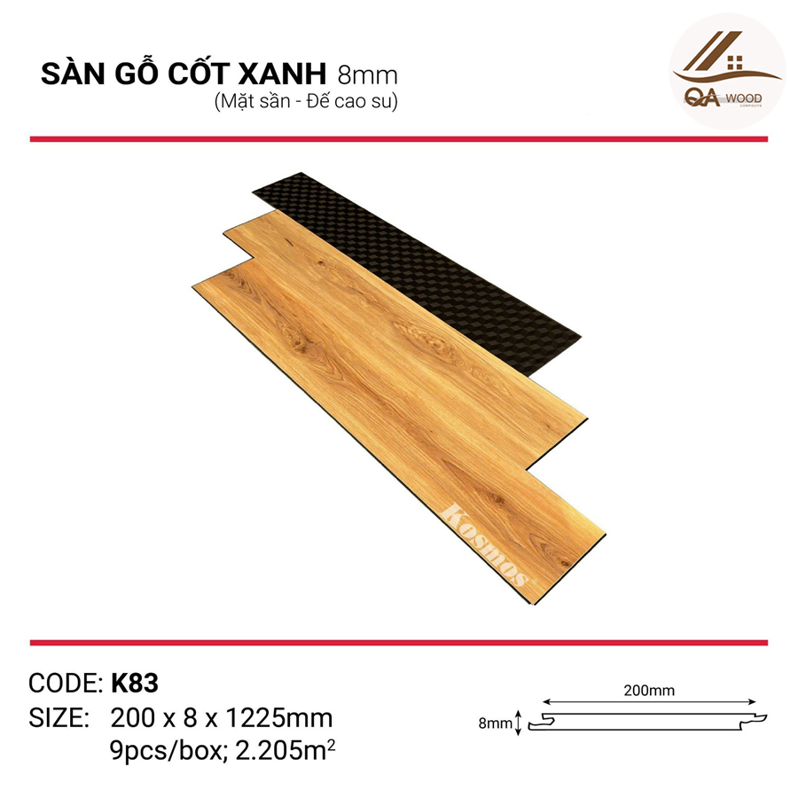 Sàn Gỗ Kosmos Cốt Xanh Đế Cao Su 8mm - K83