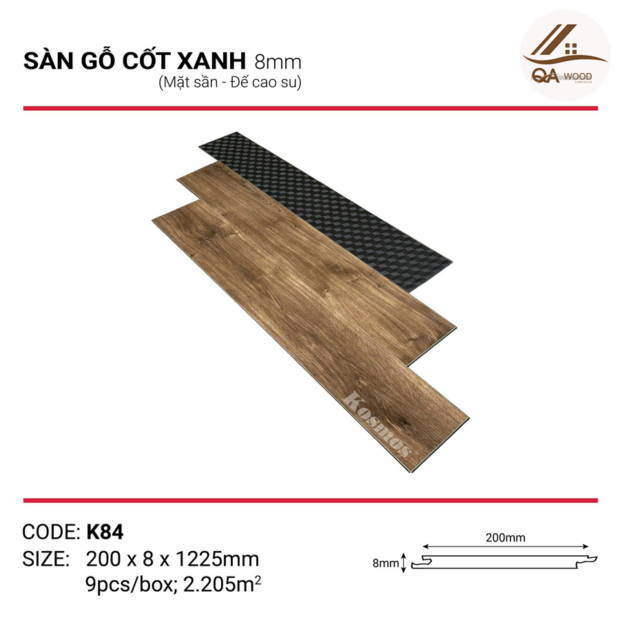 Sàn Gỗ Kosmos Cốt Xanh Đế Cao Su 8mm - K84