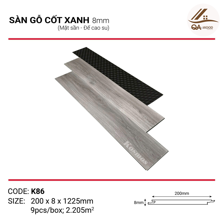 Sàn Gỗ Kosmos Cốt Xanh Đế Cao Su 8mm - K86