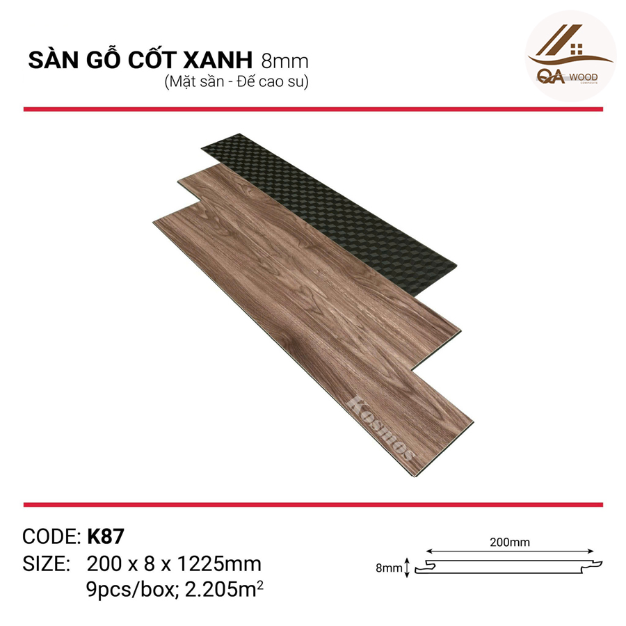 Sàn Gỗ Kosmos Cốt Xanh Đế Cao Su 8mm - K87